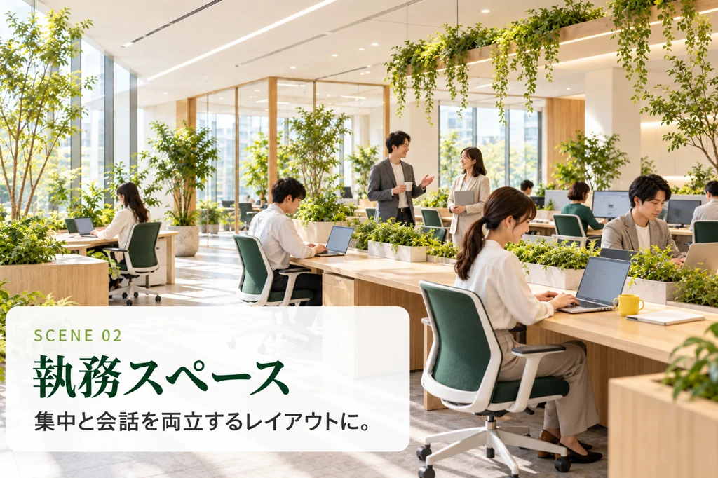 SCENE 02 執務スペース。集中と会話を両立するレイアウトに。