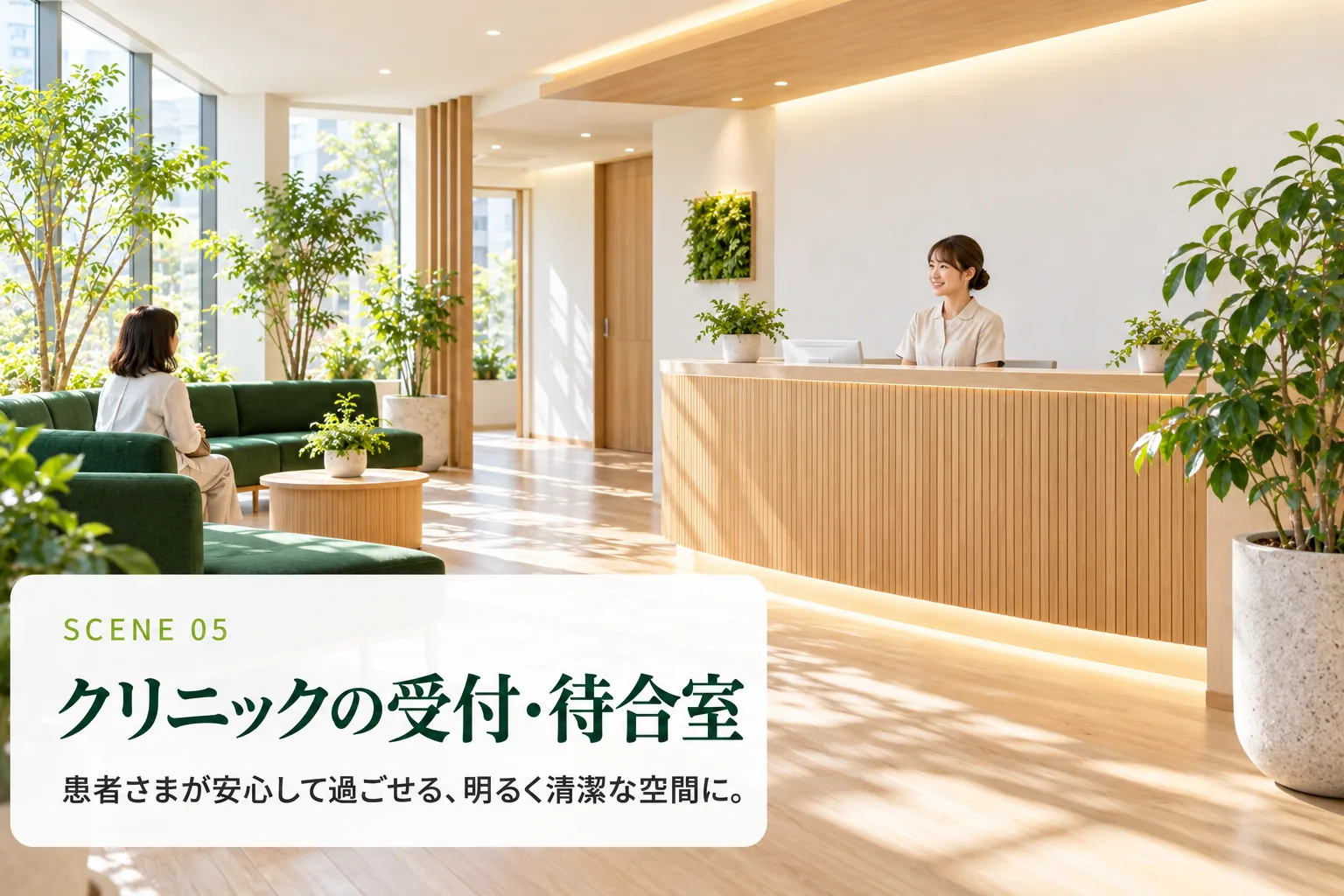 SCENE 05 クリニックの受付・待合室。患者さまが安心して過ごせる、明るく清潔な空間に。