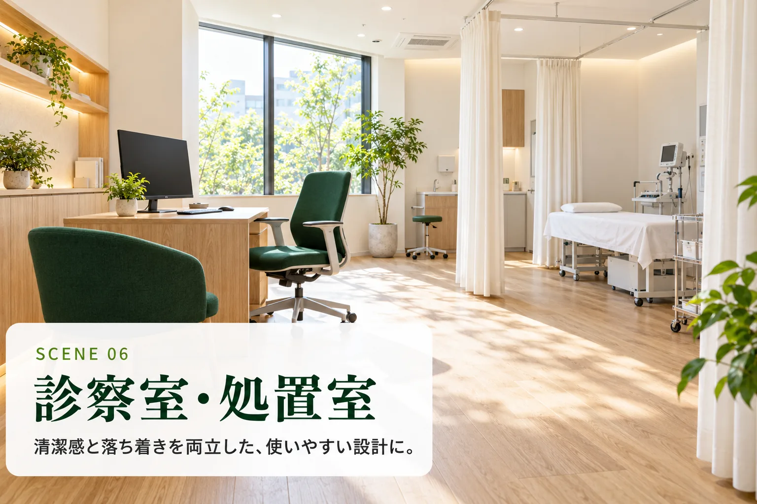 SCENE 06 診察室・処置室。清潔感と落ち着きを両立した、使いやすい設計に。